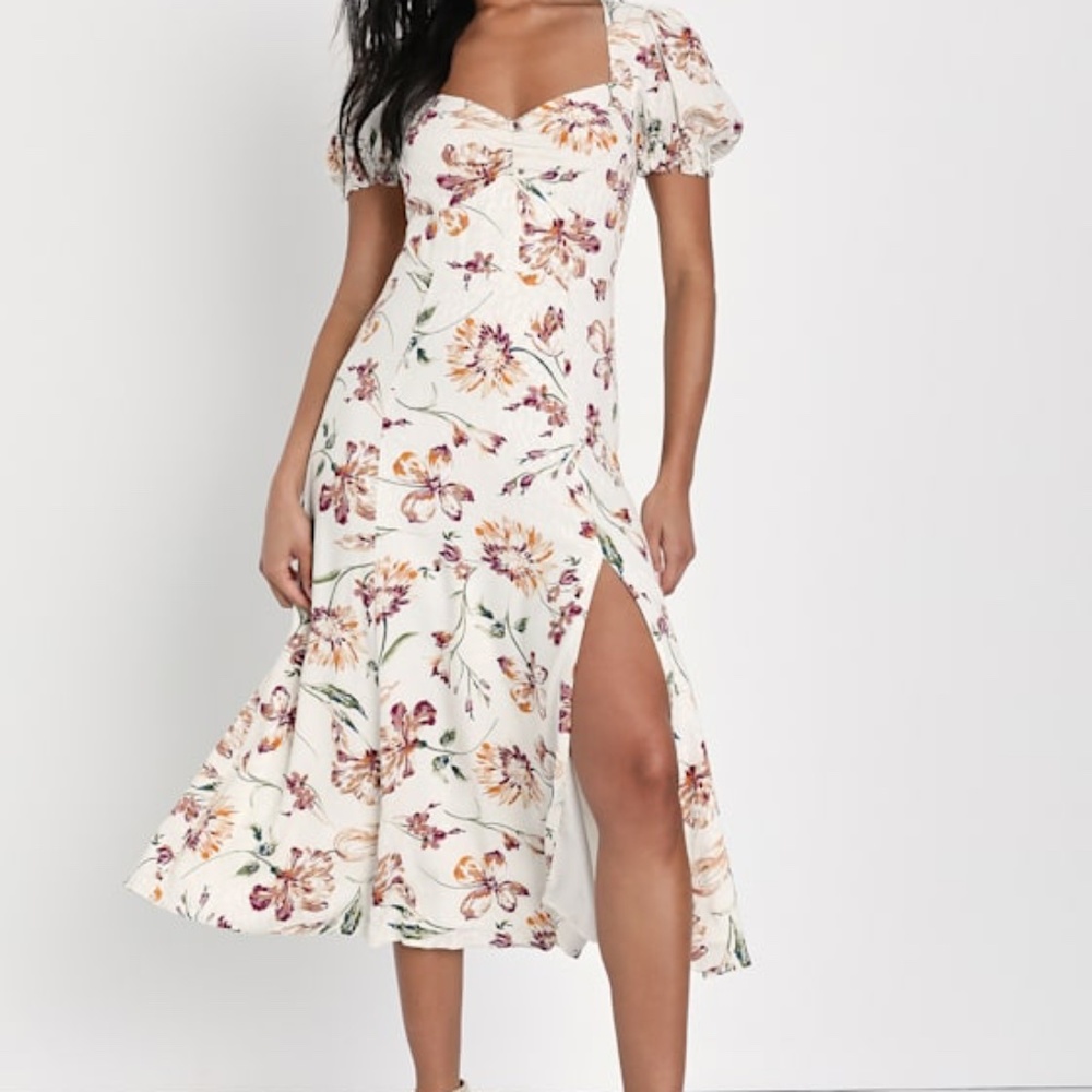 Lulus Parisian Picnic Cream Floral Jacquard Puff Sleeve Midi Dress White